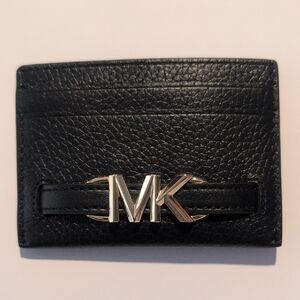 Michael Kors Black Leather Card Holder with Silver MK Accent NWT